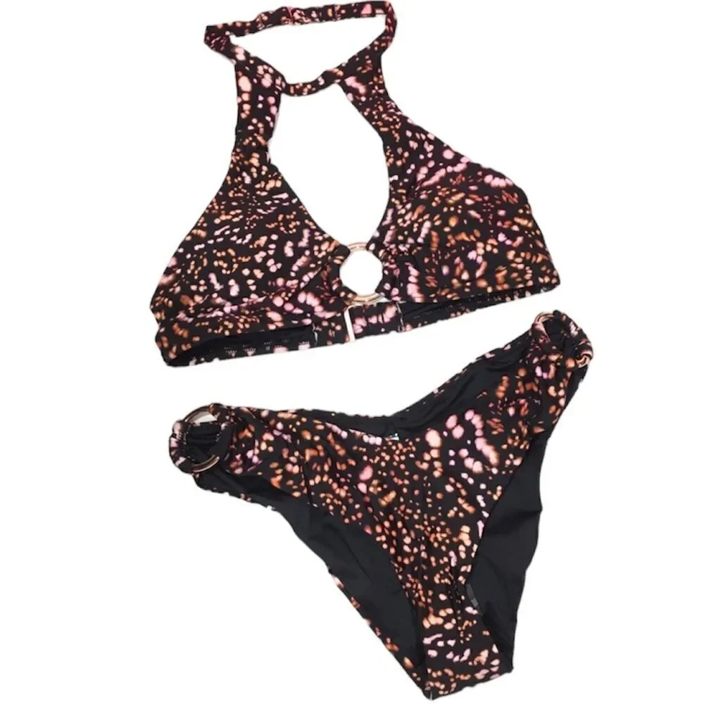 NWT VS RING TIE DYE SPOT HALTER PADDED BIKINI TOP &‎ BOTTOM SWIMSUIT SET SMALL